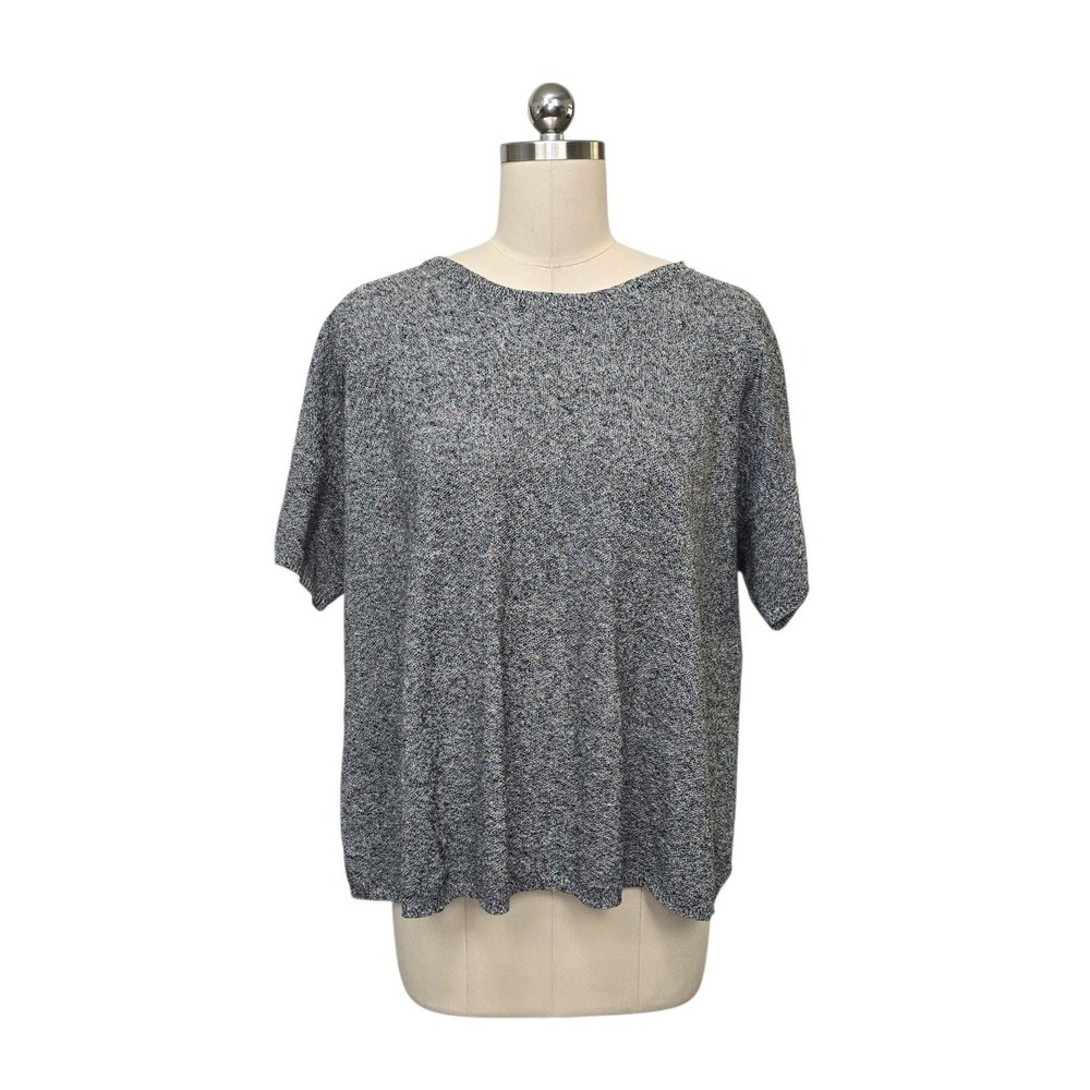 Eileen Fisher Organic Linen Cotton Marled Short Sleeve Sweater Top Gray White S